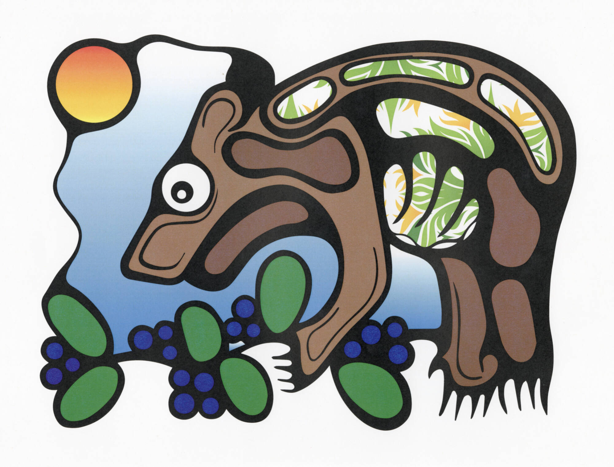 Colorful printed image of a bear-like shape with a moon at the upper left corner, and plants with berries along bottom.